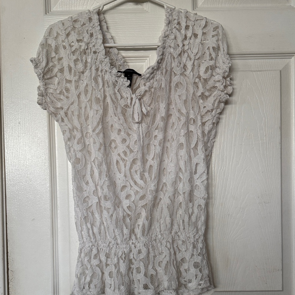 INC International Concepts White Lace Peplum Tie-Neck Top